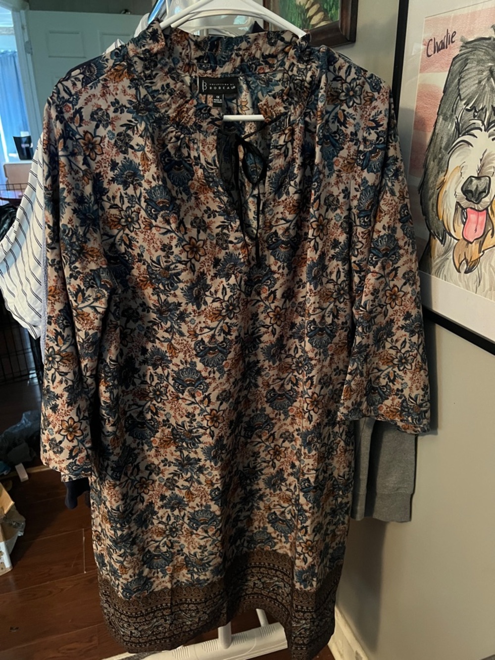 Blue and Brown Floral Tie-Neck Tunic